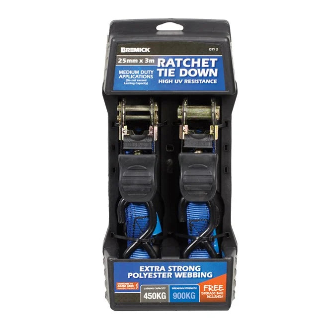 RATCHET TIE DOWN 25MM X 3M 2PK