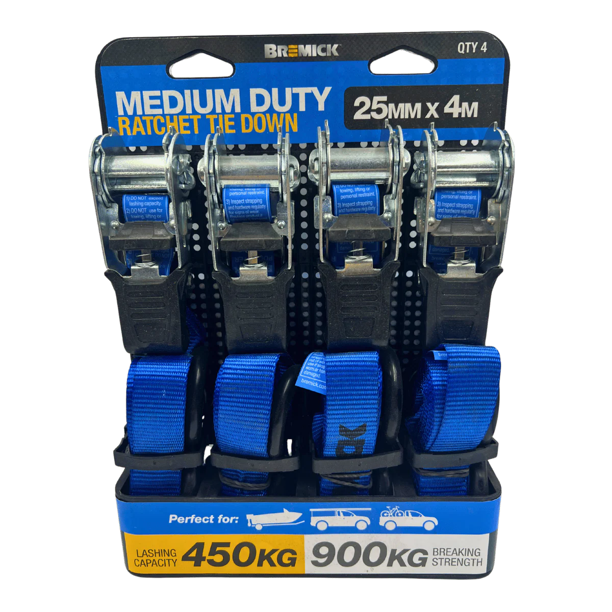 RATCHET TIE DOWN 25MM X 4M 4PK